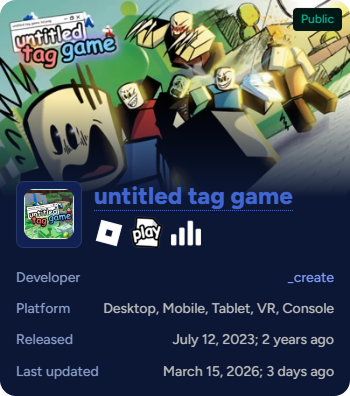 An infobox on the Untitled Tag Game wiki, showcasing the RobloxAPI image thumbnail and icon and game details fetching